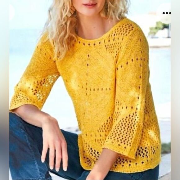 Soft Surroundings Beachwalk Sweater Size M Yellow Open Knit Pullover - Picture 1 of 9